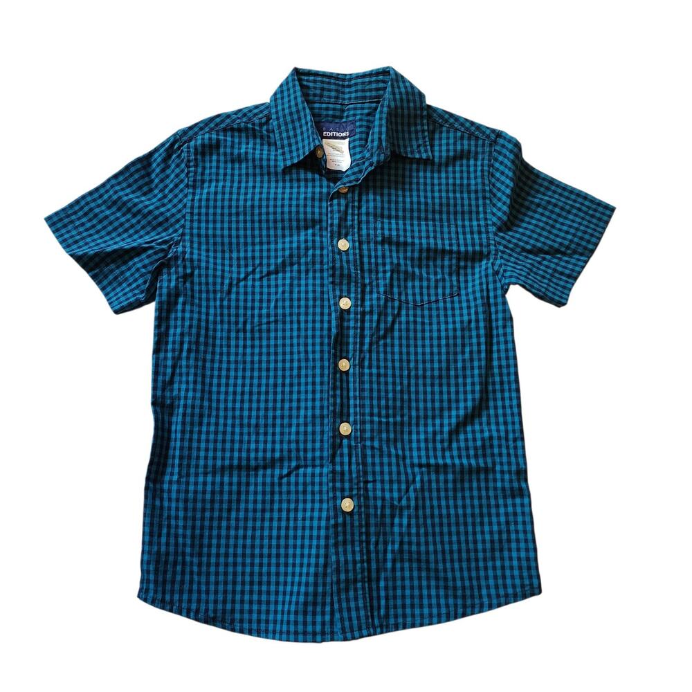 Basic Editions Boys Shirt Size M 8 Blue Tattersall Short Sleeve Button Down